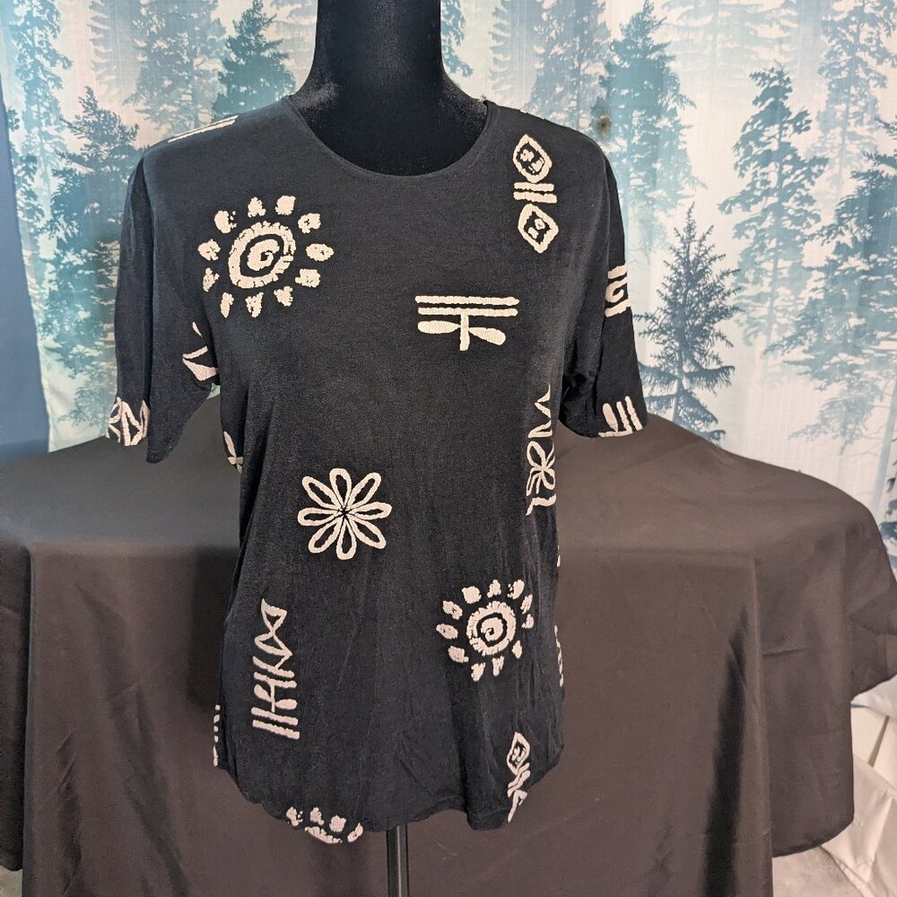 Susan Lawrence Black & Cream Tribal Print Top – Size Small